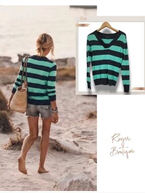 🌿Gap Women's Medium Navy & Turquoise V-Neck Long Sleeve Sweater